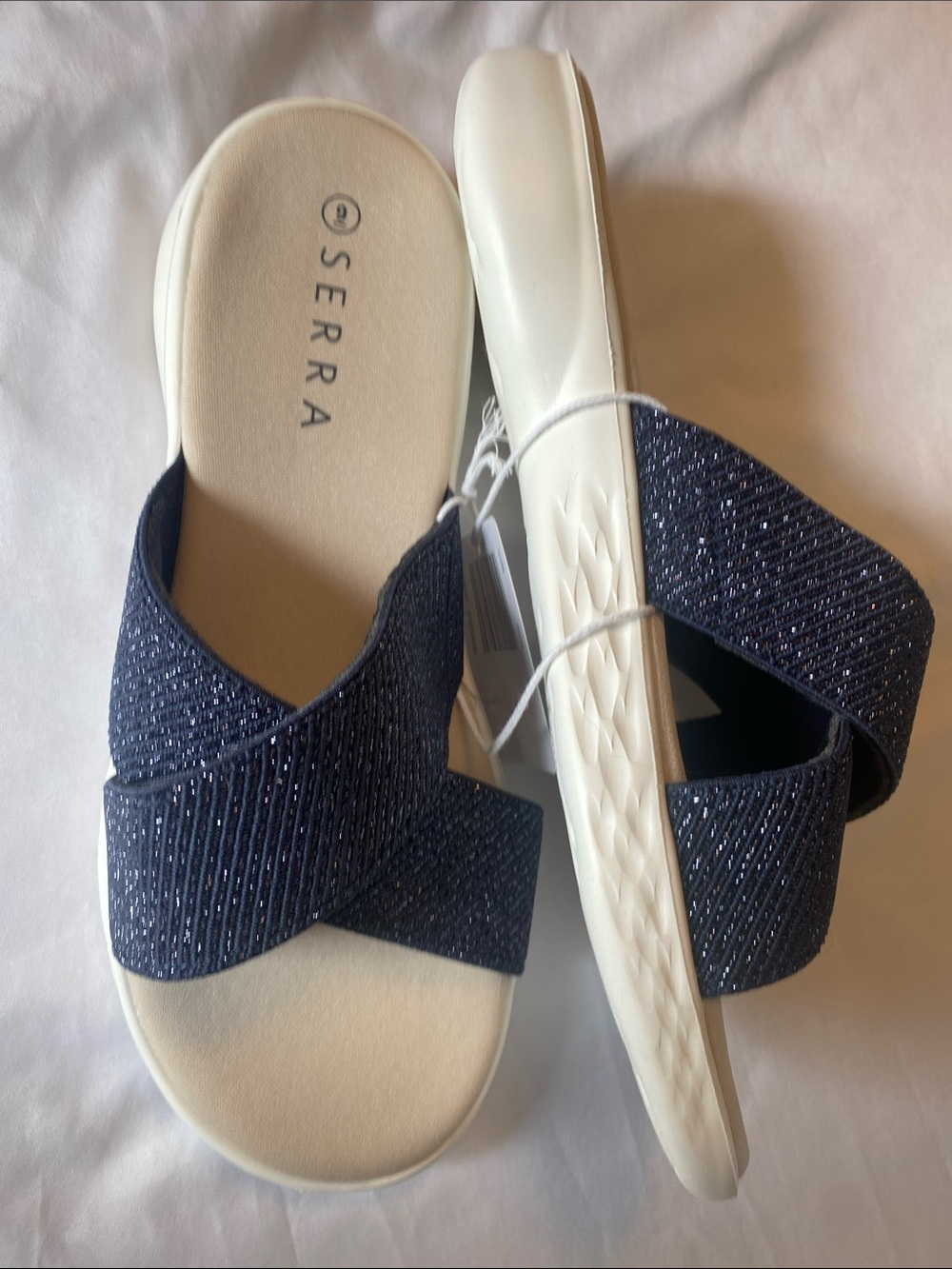 Serra Navy Glitter Cross-Band Slide Sandals with Cushion Sole